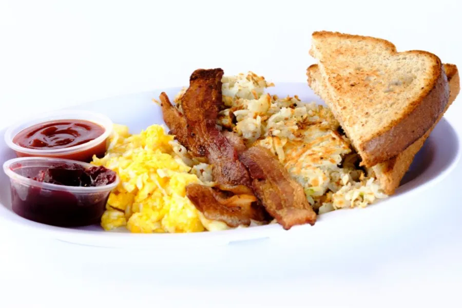 Pico Pica Rico | Breakfast Plate - Eggs, Bacon, Crispy - Golden Brown Hashbrowns, Toast