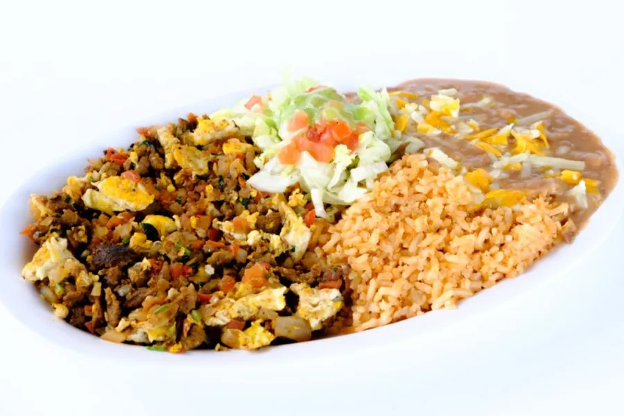 Pico Pica Rico | Chorizo Egg Plate - Chorizo with Eggs, Cheese, Beans & Rice