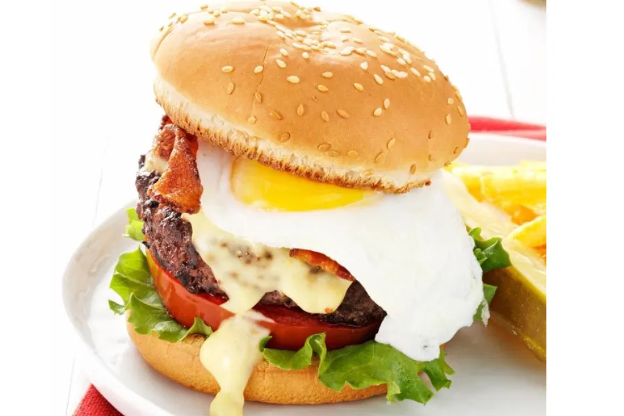 Pico Pica Rico | Egg and Bacon Burger = Premium Meat Patty, Fried Egg, Bacon, Lettuce Tomato, Mayo | Sherman Oaks 