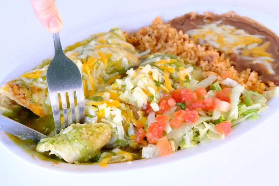 Pico Pica Rico | Enchiladas Plate Rice & Beans with salsa
(Green Mild, Red Spicy or Medium)
 | Sherman Oaks 