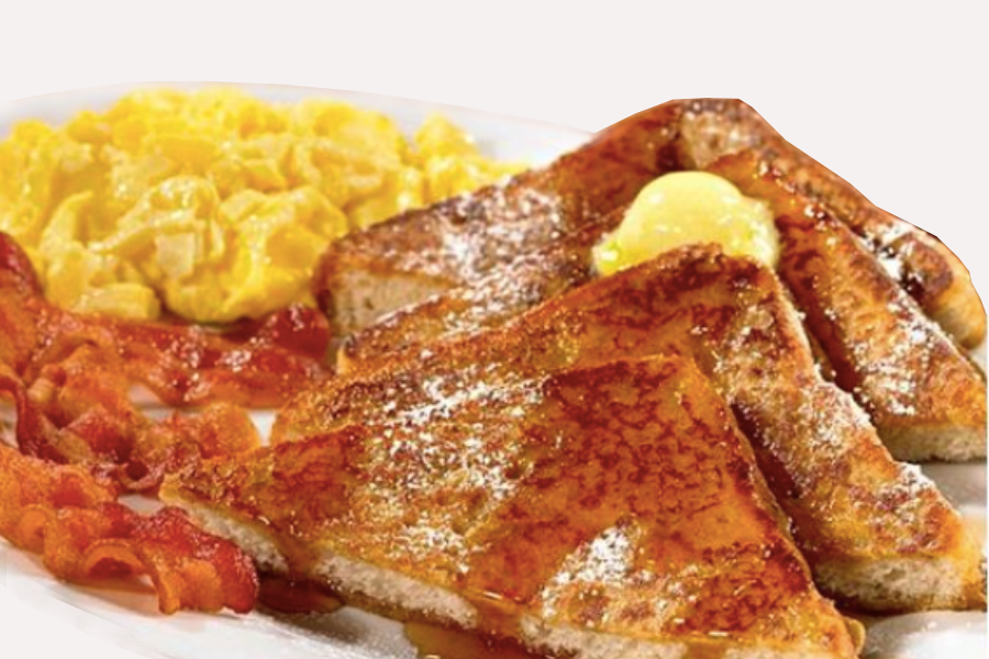 Pico Pica Rico | Cinnamon French Toast Plate - Traditional French Toast with Cinnamon, Sugar. 2 Eggs, 2 Sausages, 2 Strips of Bacon with Golden Maple Syrup. 