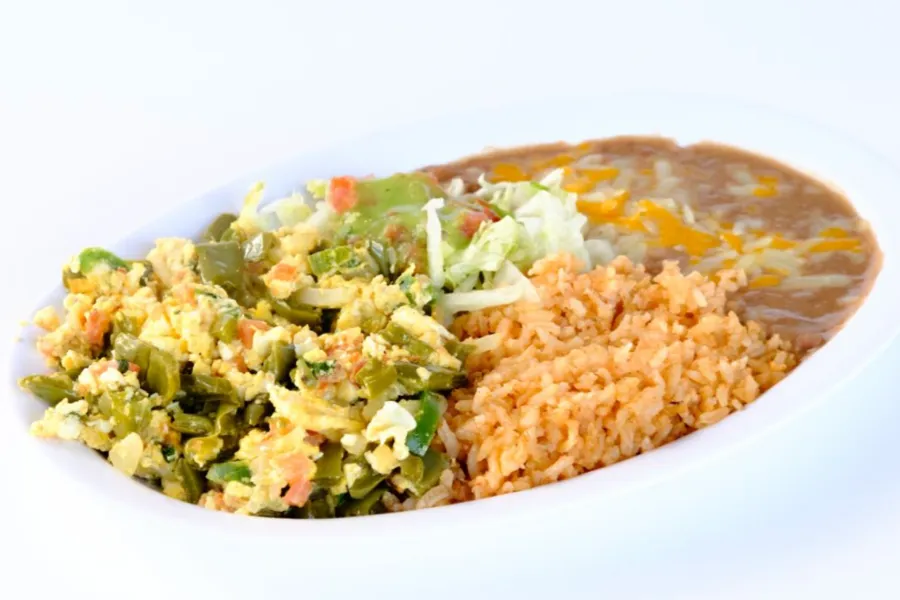 Pico Pica Rico | Huevos Con Nopales - Flavorful and Nutritious Breakfast with Eggs and Prickly Pear Cactus Pads (Nopales). Served with Beans & Rice