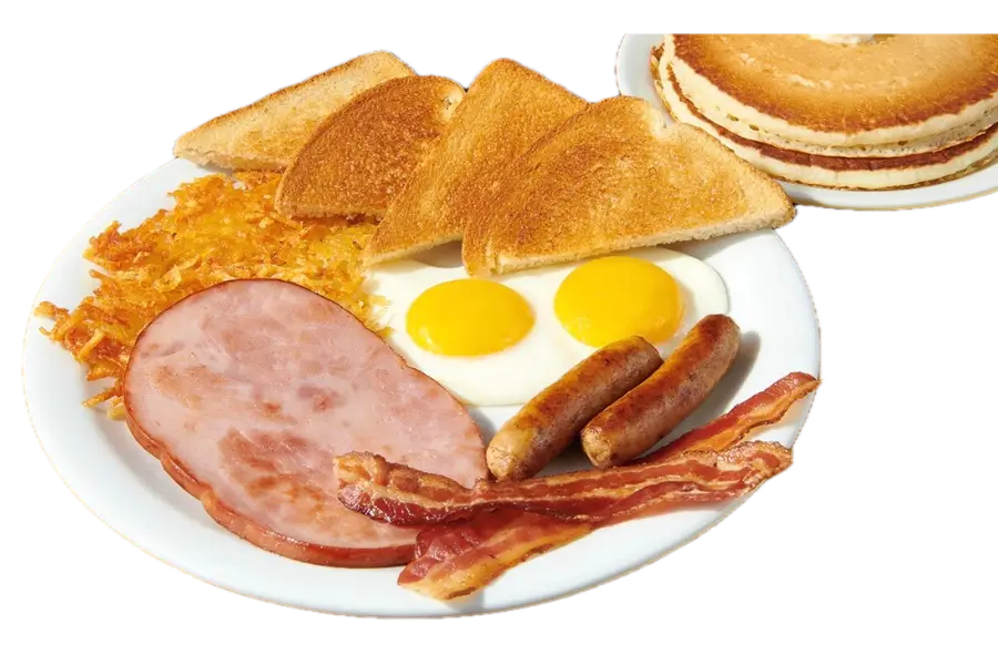 Lumber Jack Breakfast Plate - 2 Eggs,  2 Sausages, 2 Bacon,  2 Pancakes,  Ham Hash Browns and Toast at Pico Pica Rico, Sherman Oaks, CA