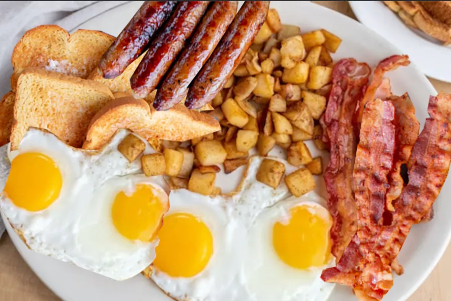 Pico Pica Rico | Lumber Jack Breakfast Plate - 4 Eggs any style, 4 Sausage Links, 4 Strips of Bacon, Homestyle Potatoes & Toast