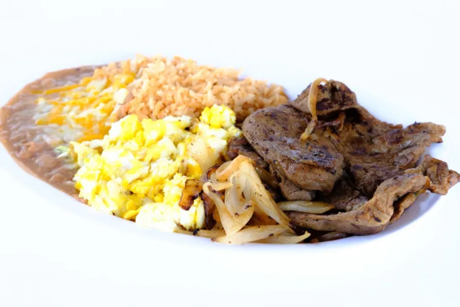 Pico Pica Rico | Steak and Eggs - "Carne Asada con Huevos" Carne Asada, Eggs, Tortillas, Salsa, Refried Beans, Rice