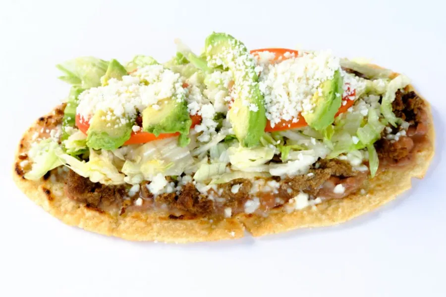 Pico Pica Rico | Super Huarache = Beans, Hot Salsa, Queso Fresco, Lettuce, Tomato, Onions, Cilantro, Avocado | Sherman Oaks 