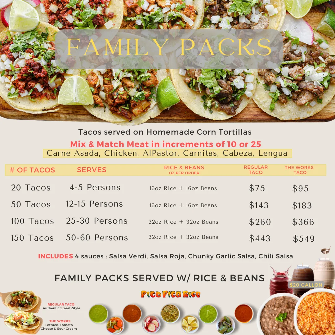 Taco Family Packs and Family Meals available at Pico Pica Rico Sherman Oaks 